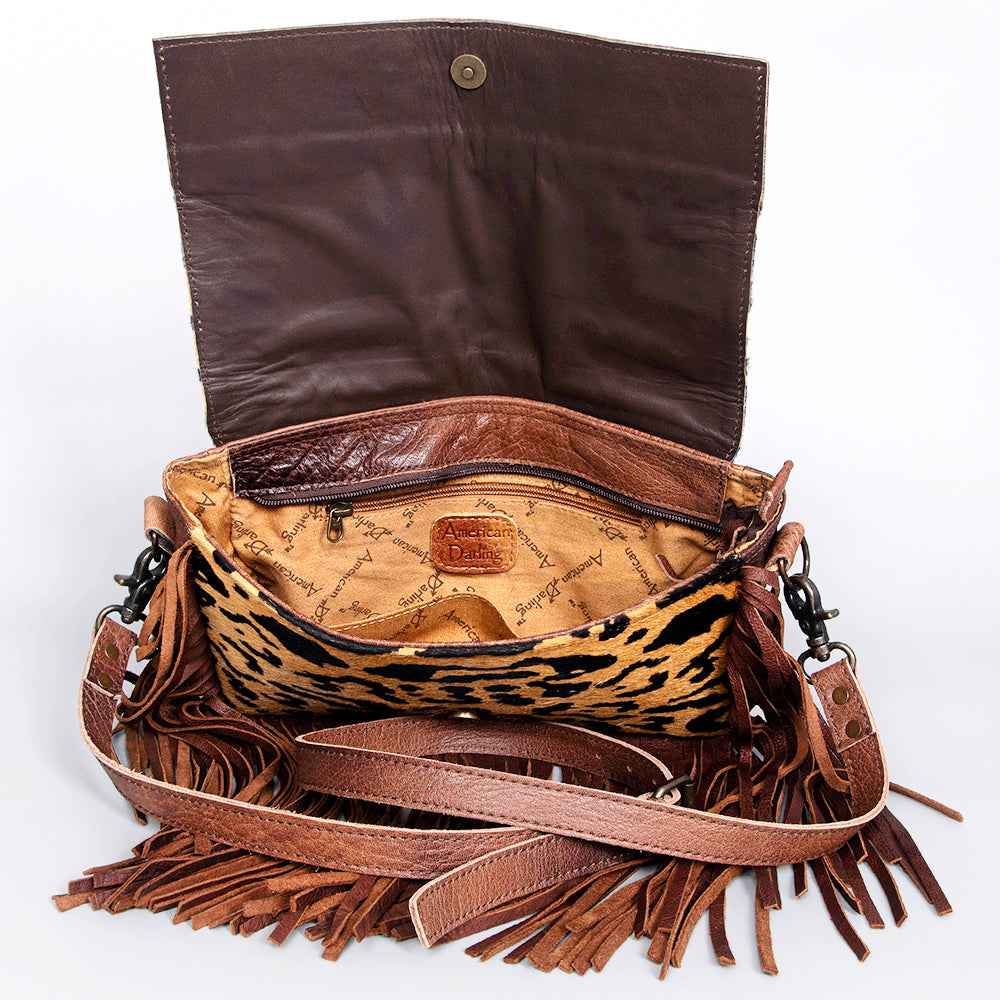 ADBG524 Hair-On Cowhide Leather Fringe Crossbody with Hand-Tooled Floral Flap