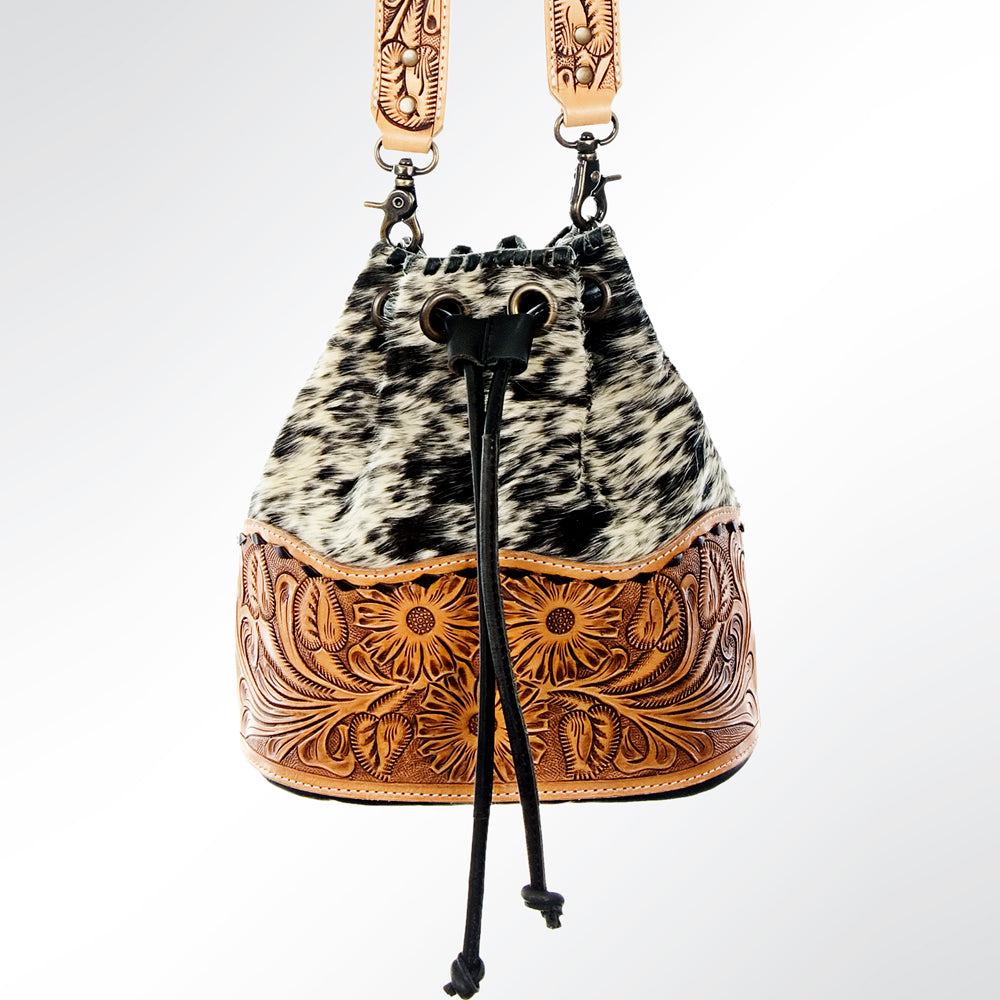 ADBG537BKW Hair-On-Hide & Tooled Leather Drawstring Bucket Bag Western Floral Carved Purse