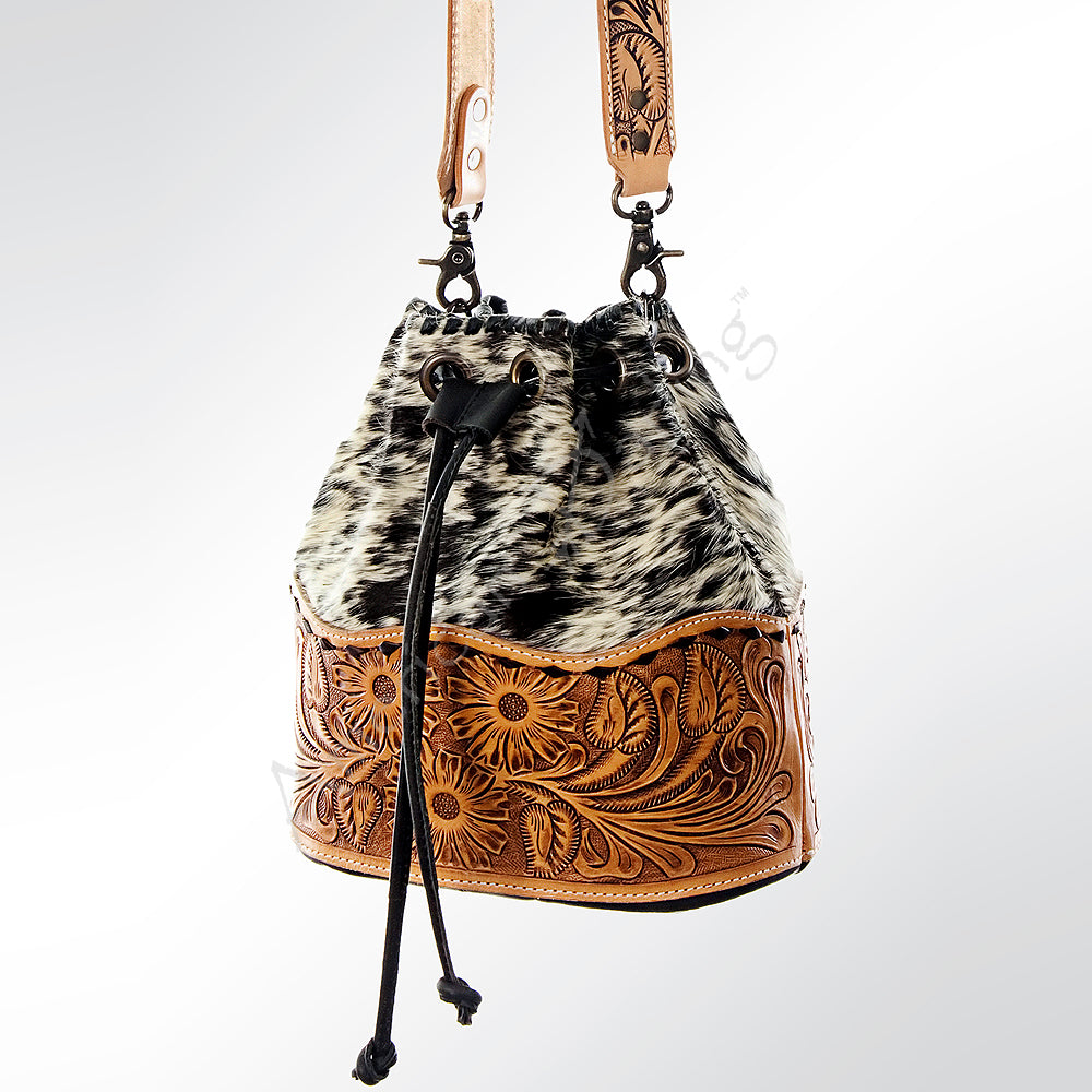 ADBG537BKW Hair-On-Hide & Tooled Leather Drawstring Bucket Bag Western Floral Carved Purse