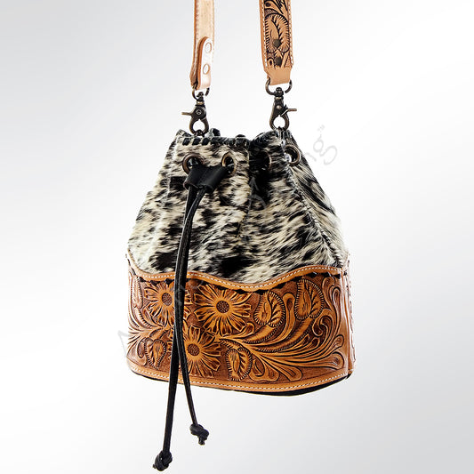 ADBG537BKW Hair-On-Hide & Tooled Leather Drawstring Bucket Bag Western Floral Carved Purse