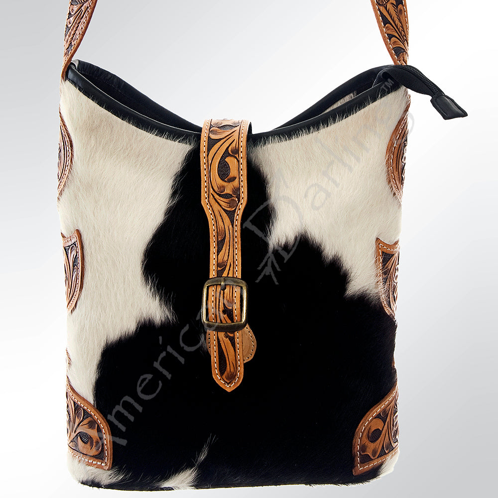 LC-ADBG539BKW Black & White Cowhide Hobo Bag with Tooled Leather Accents Western Bucket Style