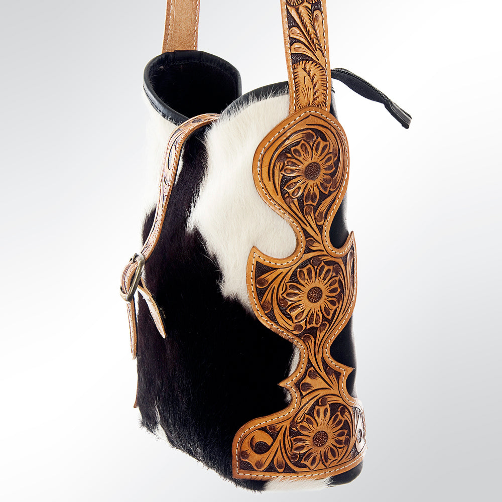LC-ADBG539BKW Black & White Cowhide Hobo Bag with Tooled Leather Accents Western Bucket Style