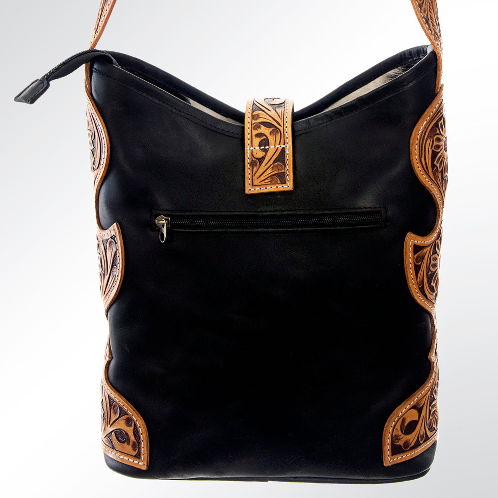LC-ADBG539BKW Black & White Cowhide Hobo Bag with Tooled Leather Accents Western Bucket Style