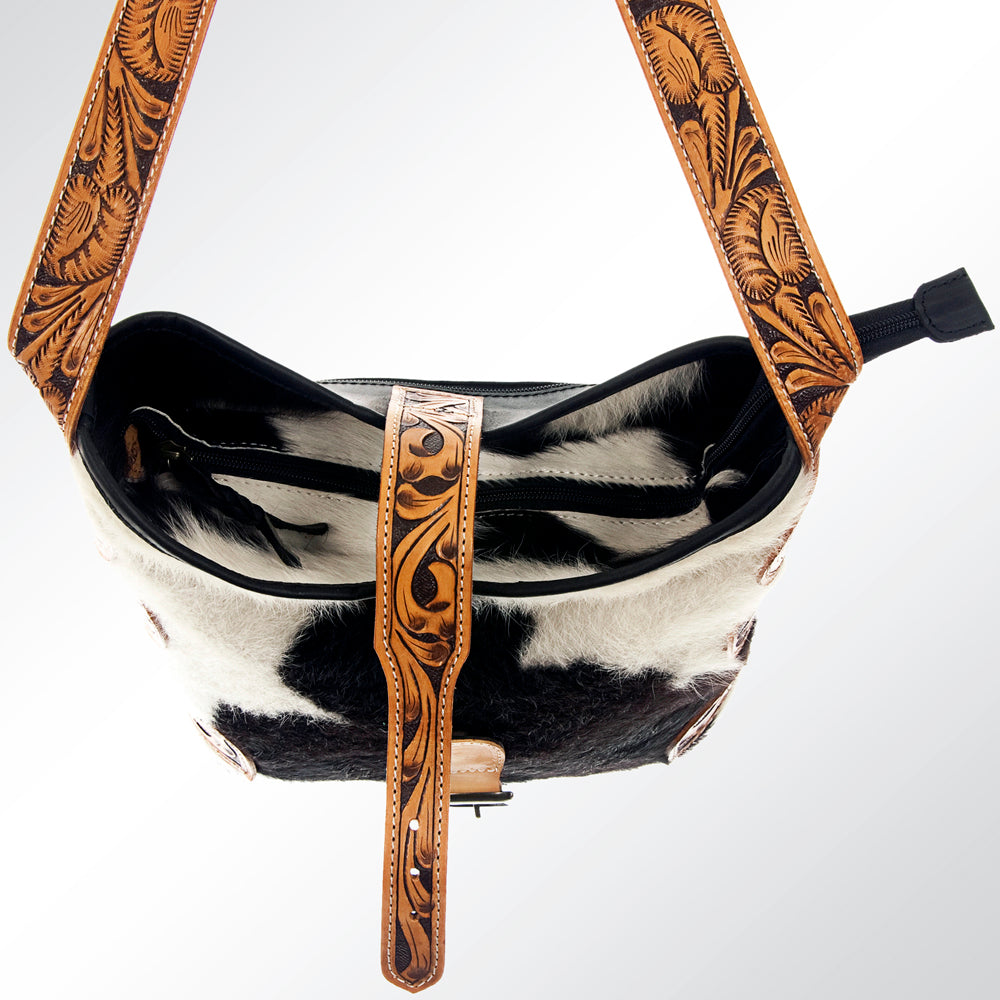 LC-ADBG539BKW Black & White Cowhide Hobo Bag with Tooled Leather Accents Western Bucket Style