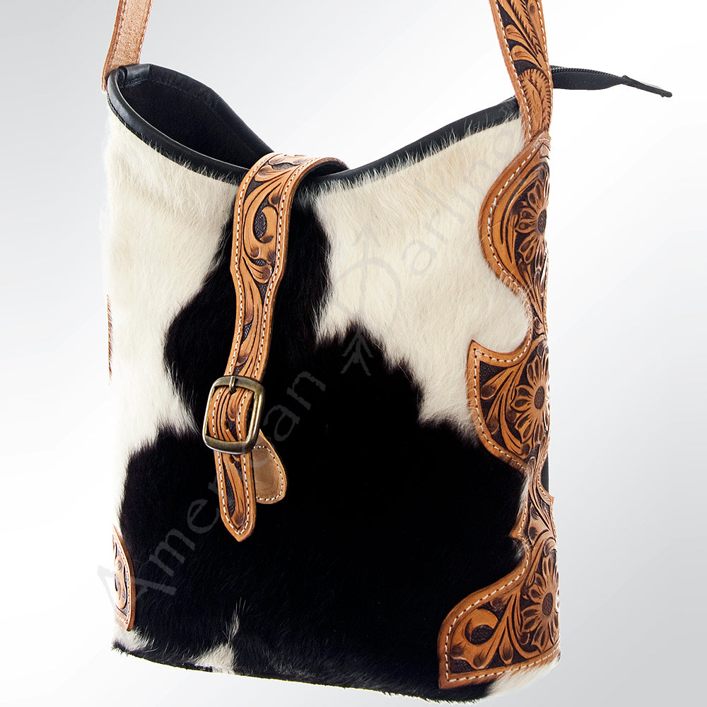 LC-ADBG539BKW Black & White Cowhide Hobo Bag with Tooled Leather Accents Western Bucket Style