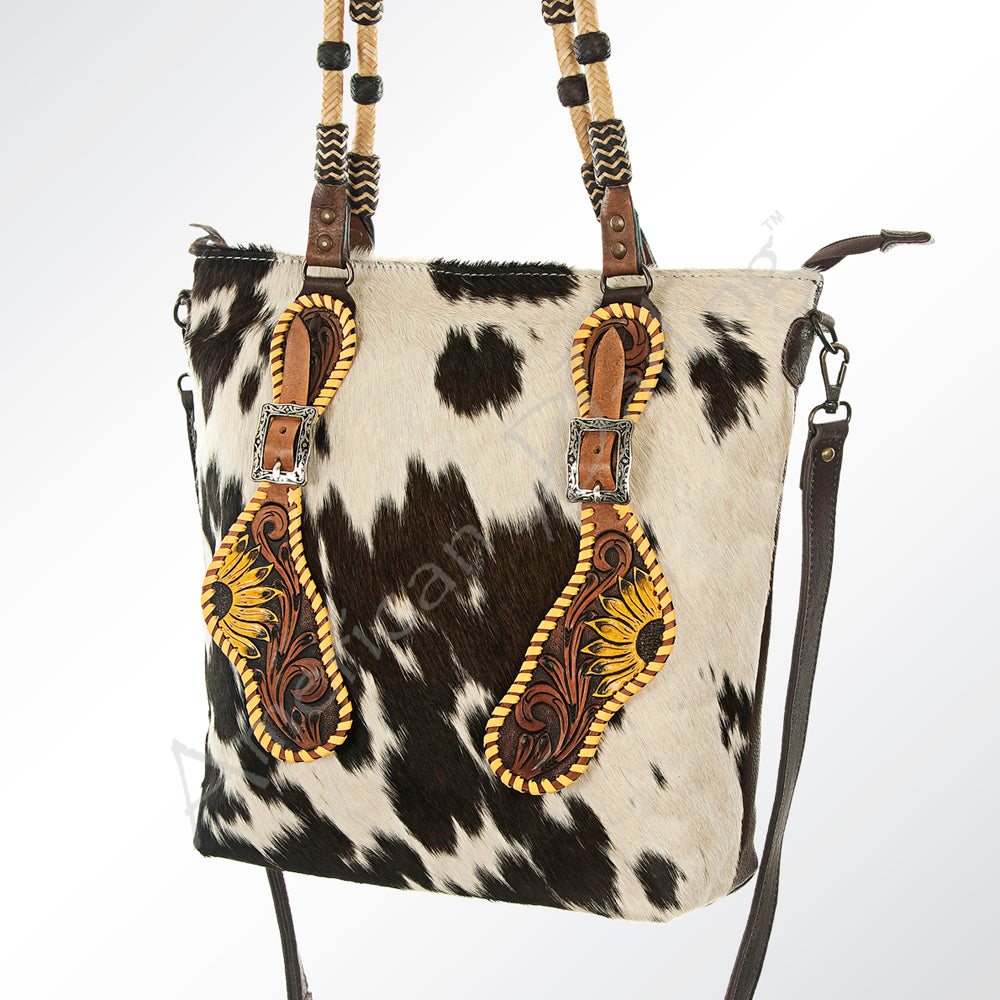 LC-ADBG540BRW Western Tote Bag with Diamond Patchwork Hair-On Hide and Leather Straps American Darling