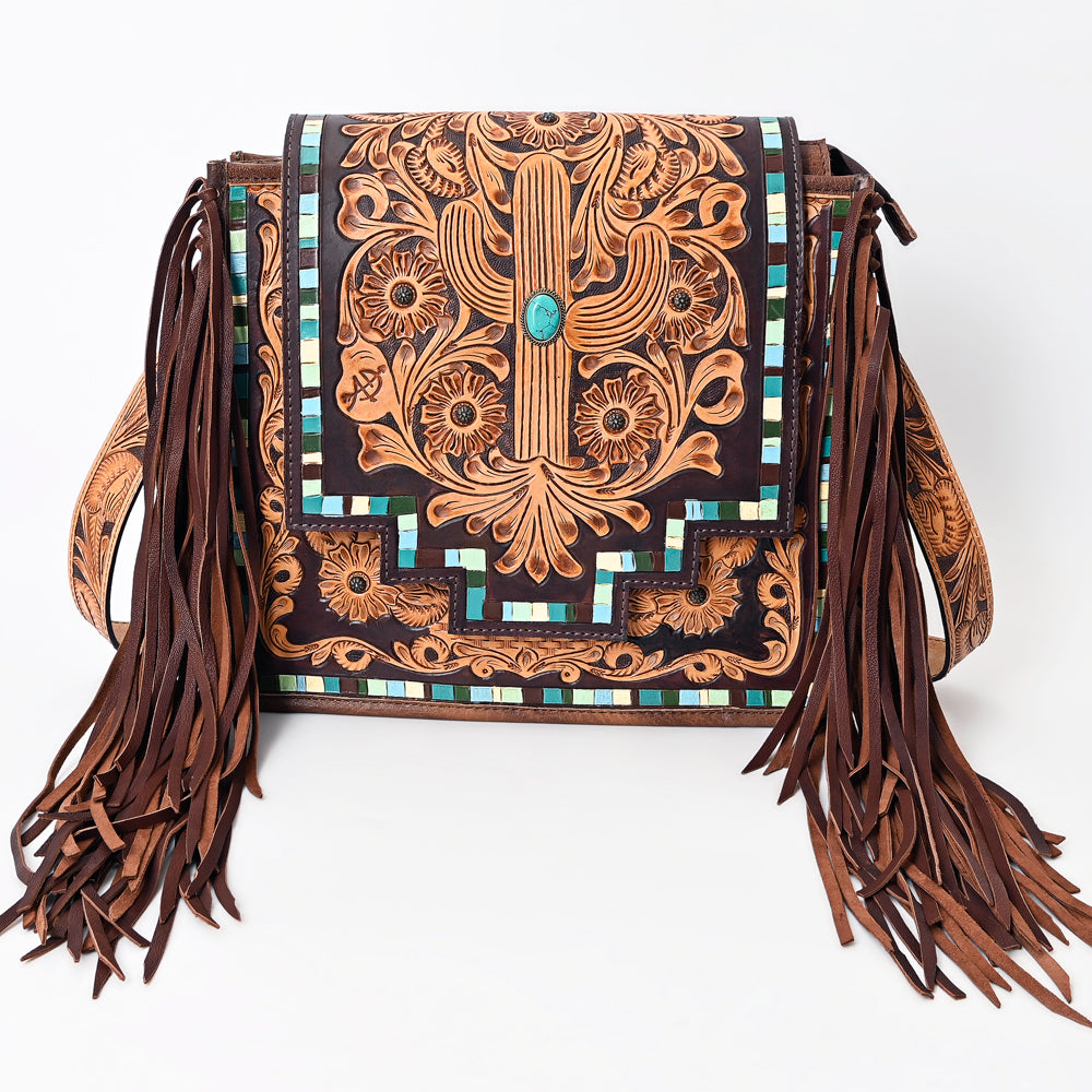 LC-ADBG543 Tooled Leather & Cowhide Fringe Messenger Bag Western Boho Messenger by American Darling