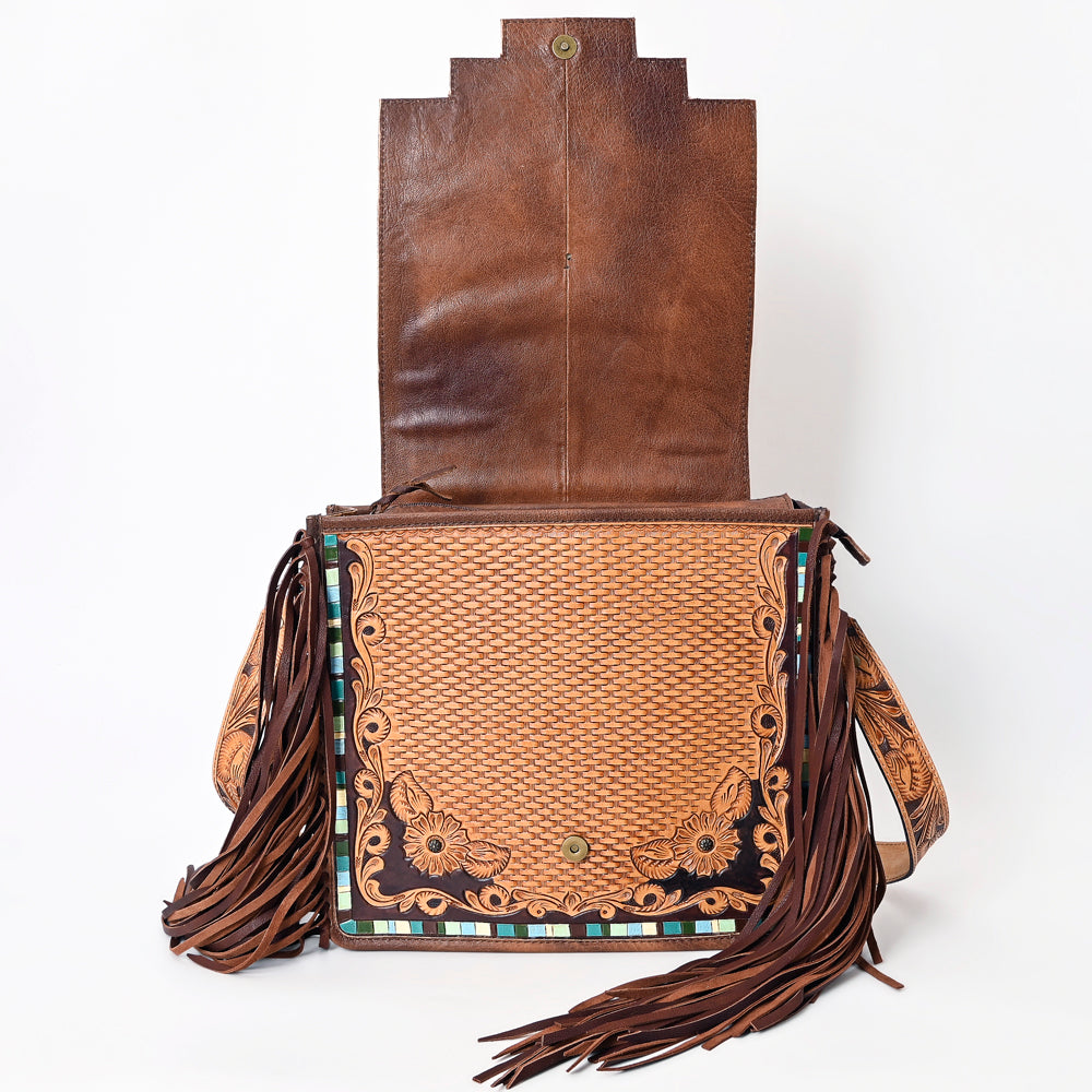 LC-ADBG543 Tooled Leather & Cowhide Fringe Messenger Bag Western Boho Messenger by American Darling