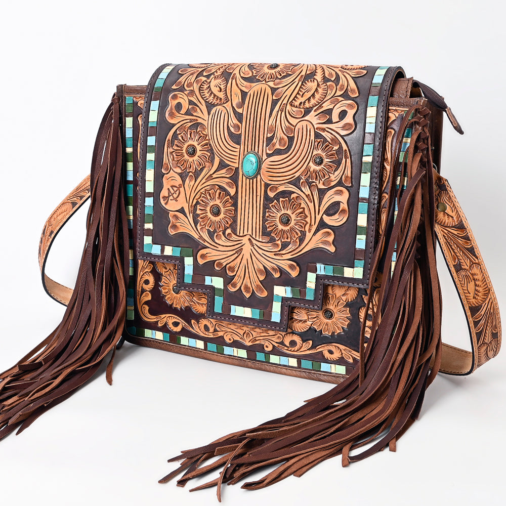 LC-ADBG543 Tooled Leather & Cowhide Fringe Messenger Bag Western Boho Messenger by American Darling