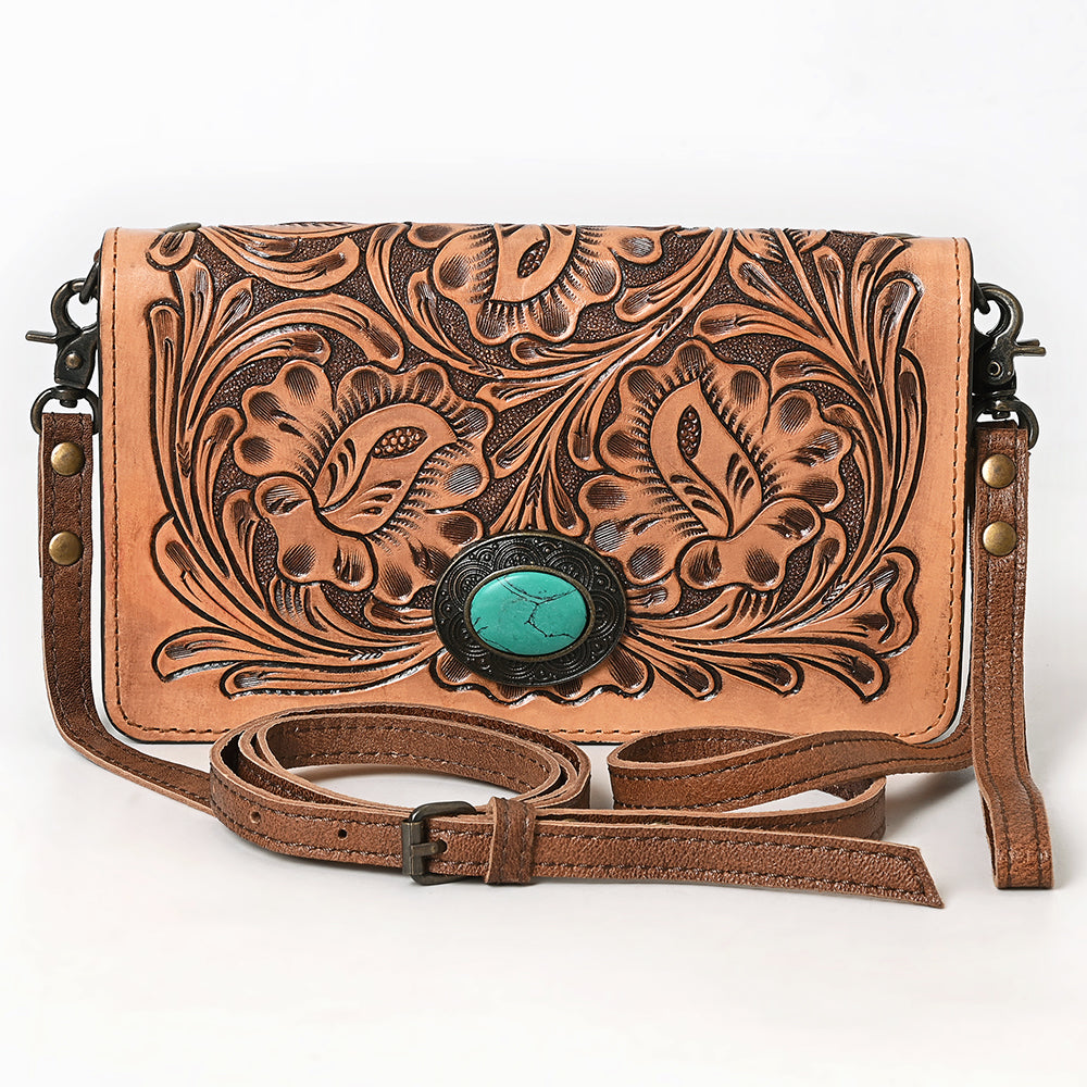 ADBG544 Hand-Tooled Leather Organiser Bag with Turquoise Stone Concho Western Floral Carved Purse