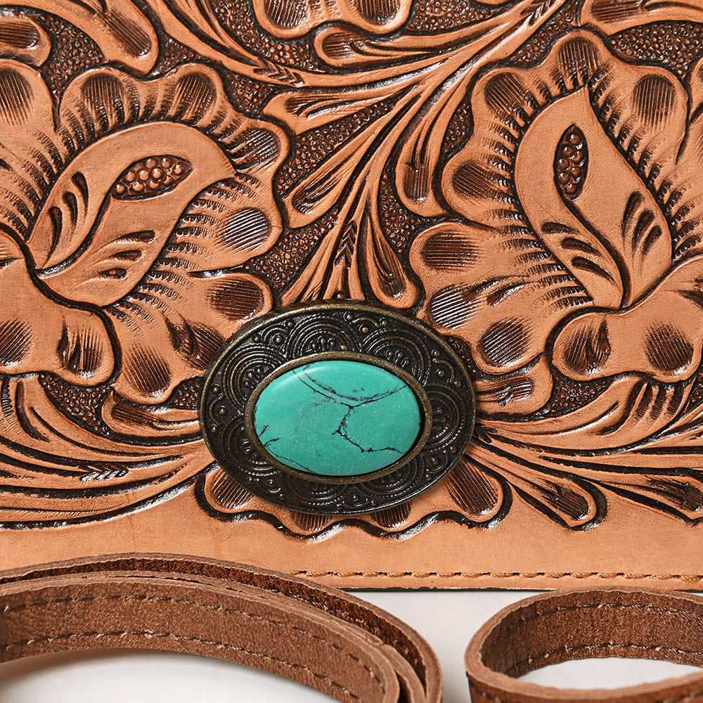 ADBG544 Hand-Tooled Leather Organiser Bag with Turquoise Stone Concho Western Floral Carved Purse