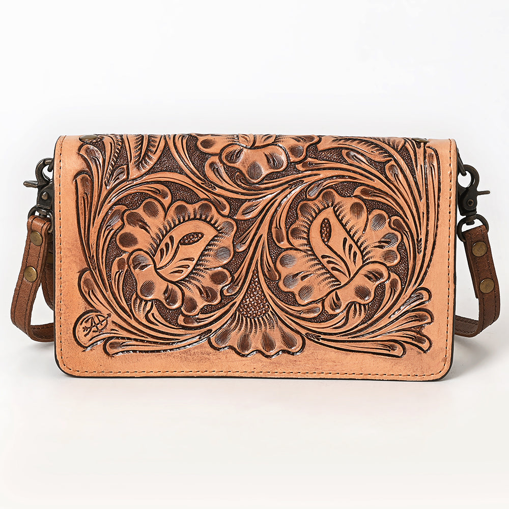 ADBG544 Hand-Tooled Leather Organiser Bag with Turquoise Stone Concho Western Floral Carved Purse