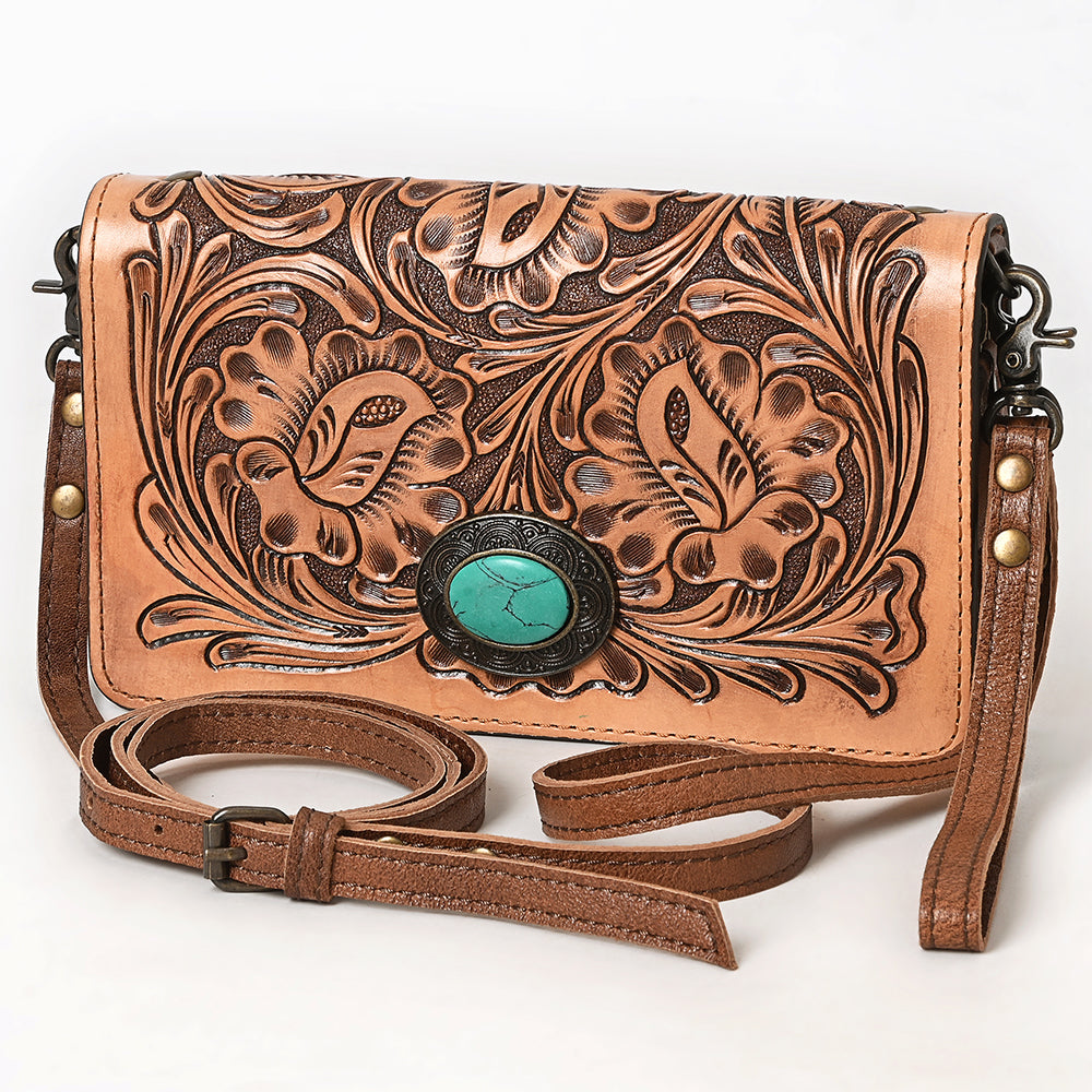 ADBG544 Hand-Tooled Leather Organiser Bag with Turquoise Stone Concho Western Floral Carved Purse
