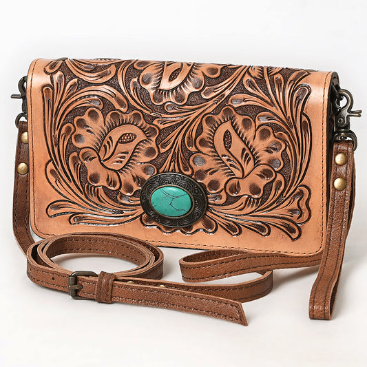 ADBG544 Hand-Tooled Leather Organiser Bag with Turquoise Stone Concho Western Floral Carved Purse