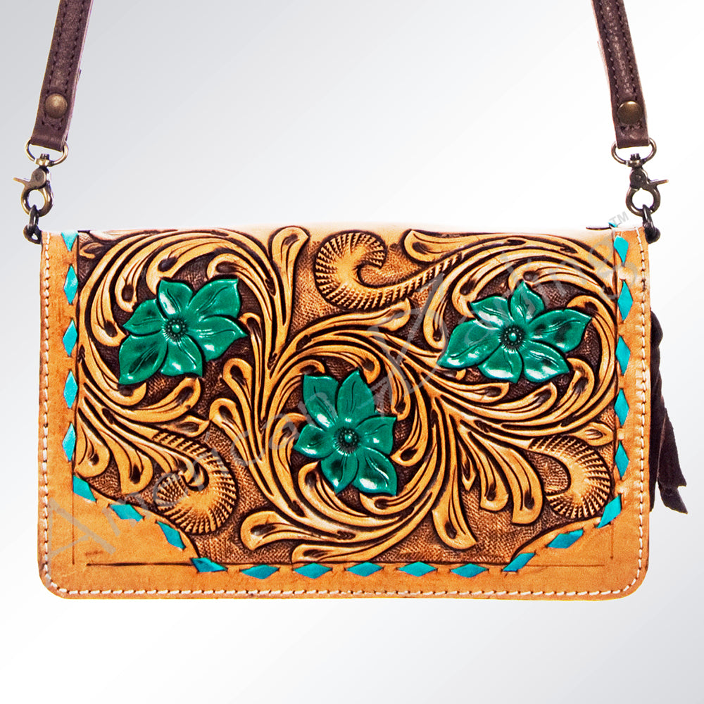 LC-ADBG545 Tooled Leather Organiser Bag with Turquoise Floral Appliqu Western Carved Purse with Whipstitch Detail