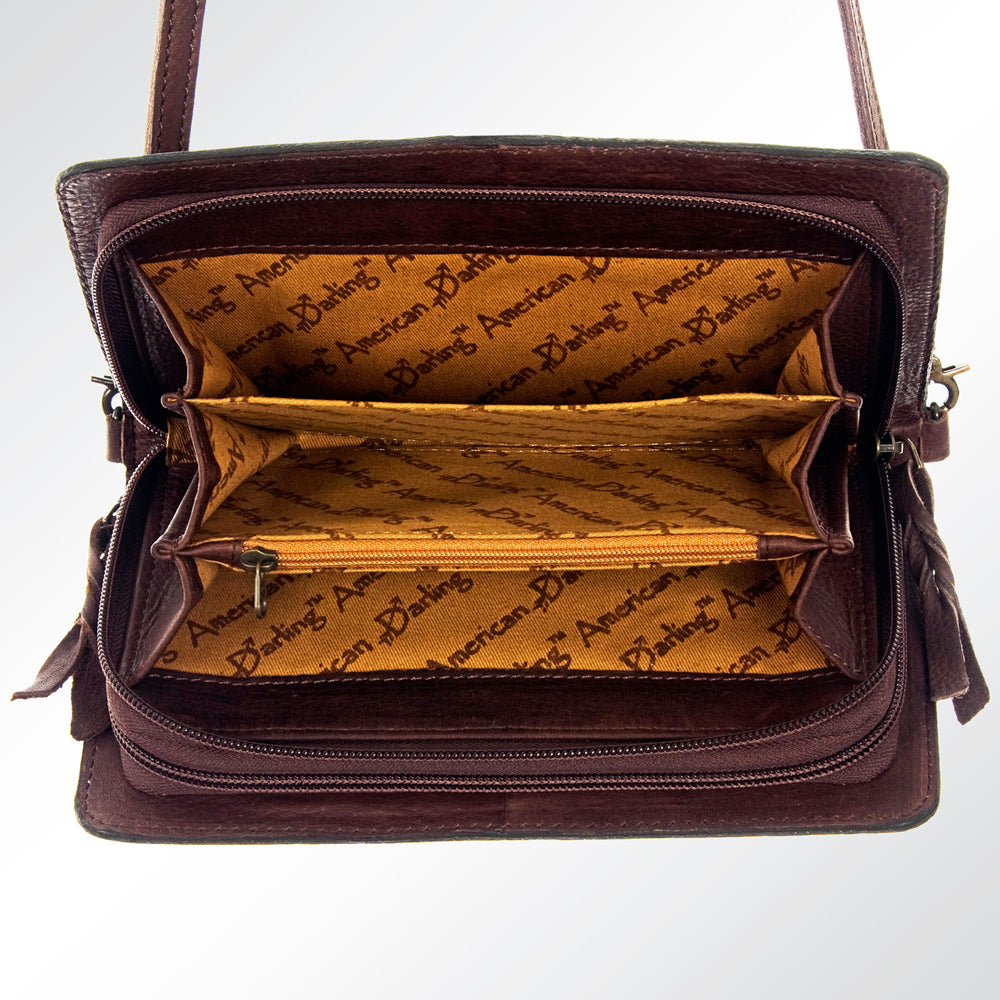 LC-ADBG545 Tooled Leather Organiser Bag with Turquoise Floral Appliqu Western Carved Purse with Whipstitch Detail