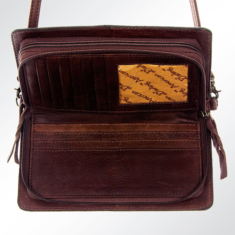 LC-ADBG545 Tooled Leather Organiser Bag with Turquoise Floral Appliqu Western Carved Purse with Whipstitch Detail