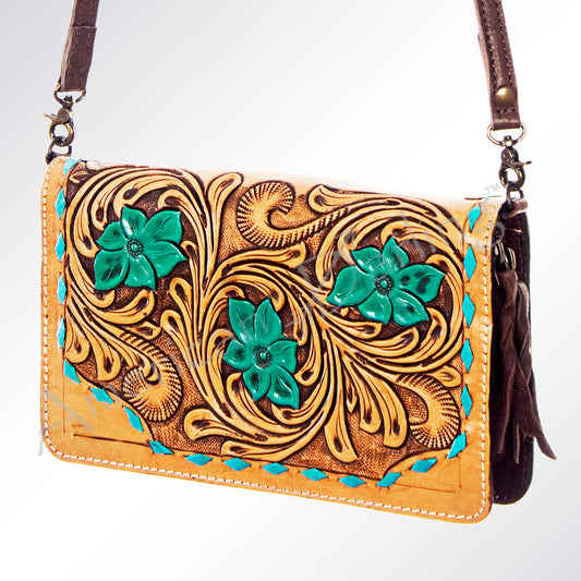 LC-ADBG545 Tooled Leather Organiser Bag with Turquoise Floral Appliqu Western Carved Purse with Whipstitch Detail