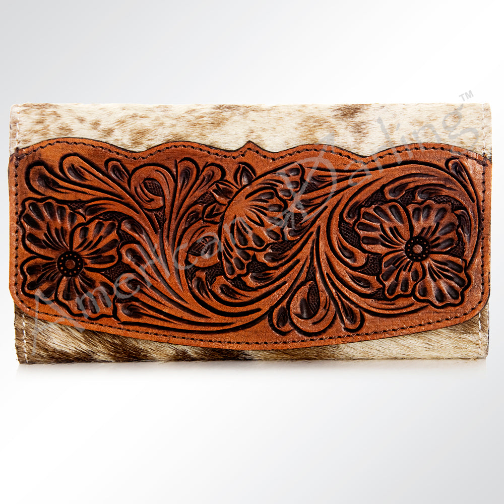 ADBG549TAW Hair-On-Hide Leather Wallet with Tooled Floral Flap Western Trifold Clutch