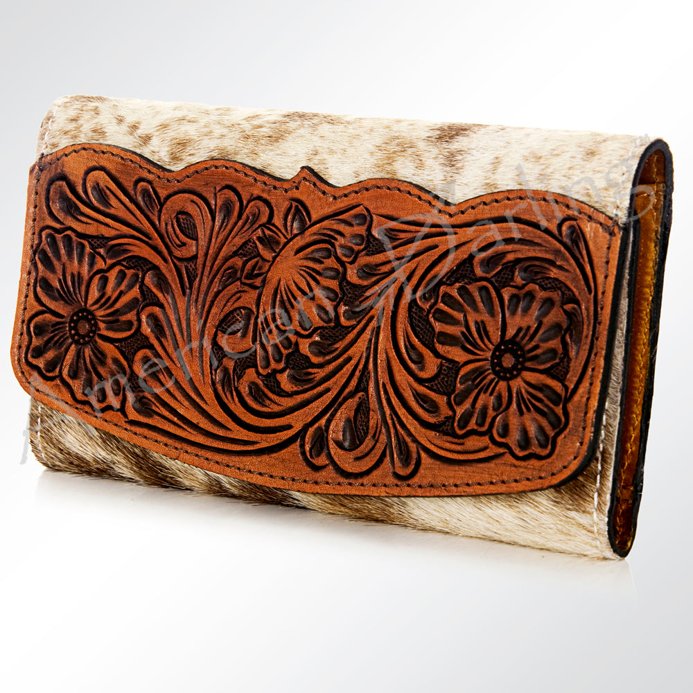 ADBG549TAW Hair-On-Hide Leather Wallet with Tooled Floral Flap Western Trifold Clutch