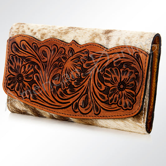 ADBG549TAW Hair-On-Hide Leather Wallet with Tooled Floral Flap Western Trifold Clutch