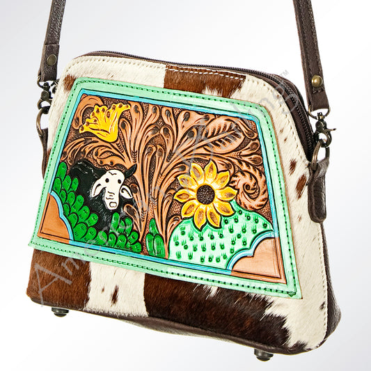 ADBG550BRW American Darling Hand Tooled Floral Leather & Hair-On Cowhide Western Cross body Bag