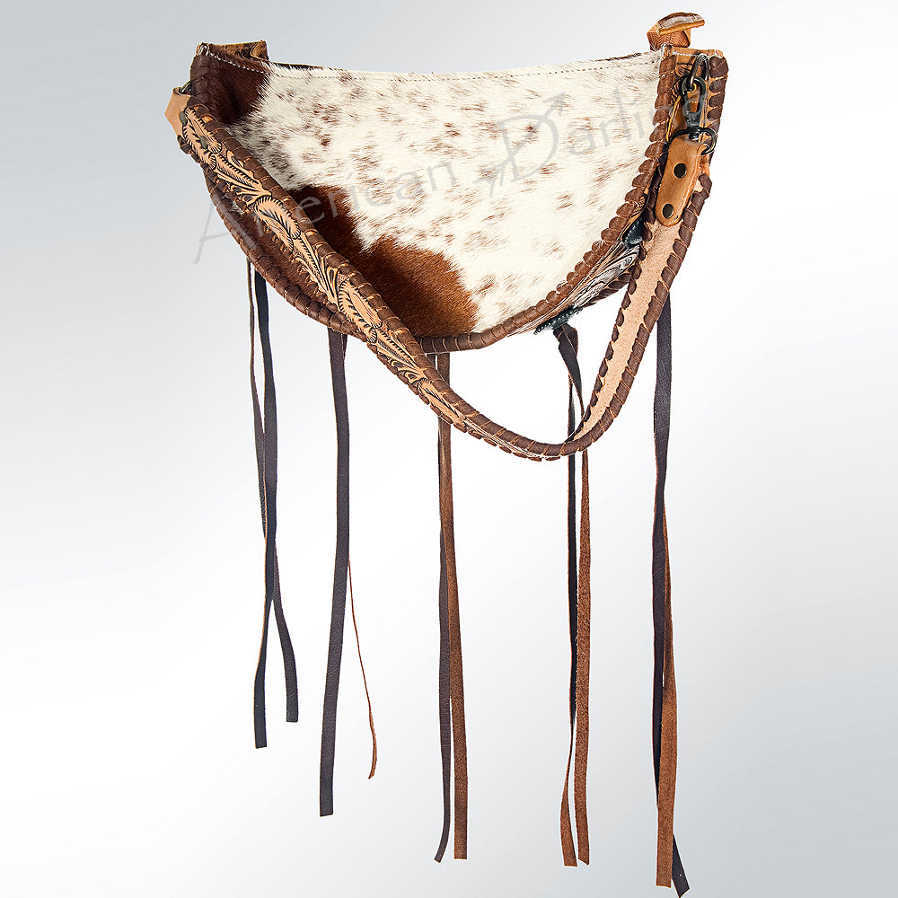 LC-ADBG552 Hair-On-Hide Saddle-Shaped Fringe Hobo Bag Western Tooled Leather Accents