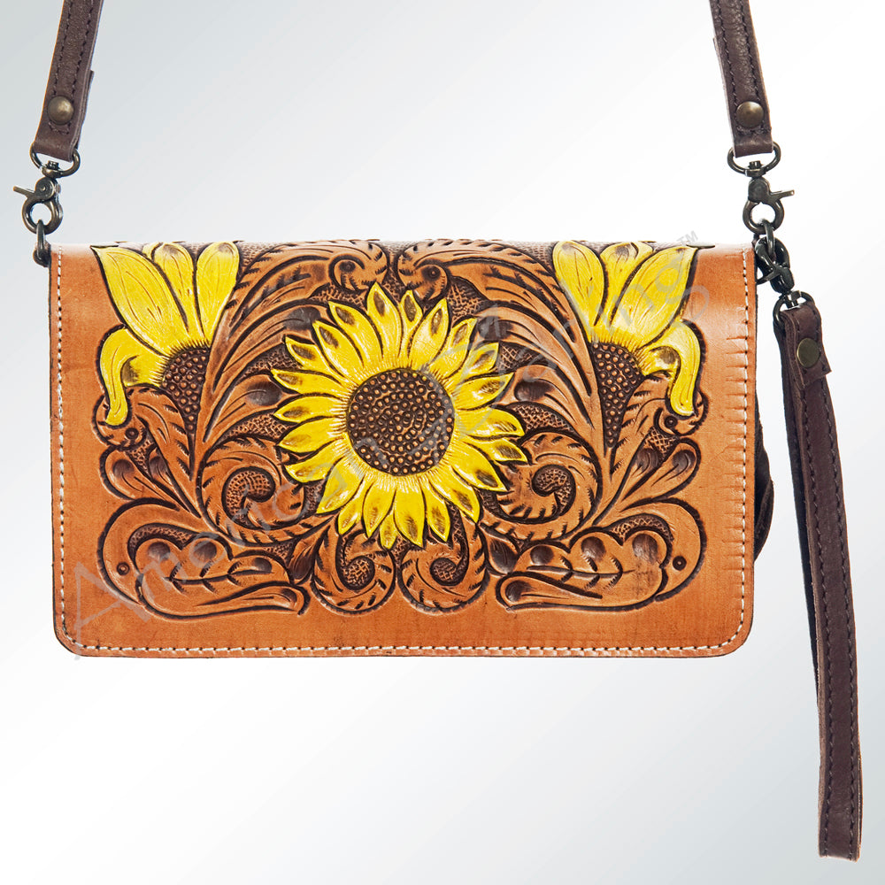 LC-ADBG554 Tooled Leather Sunflower Organizer Bag Western Crossbody by American Darling