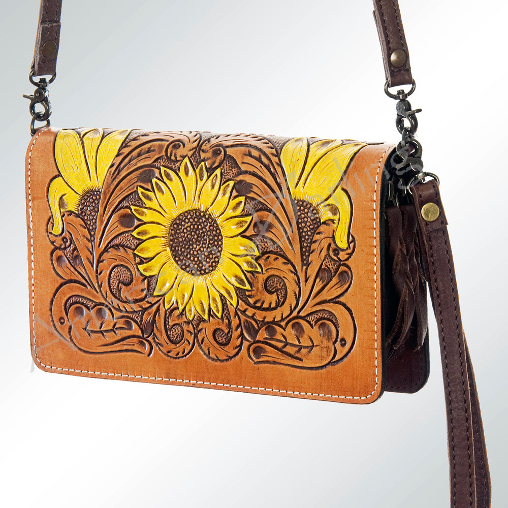 LC-ADBG554 Tooled Leather Sunflower Organizer Bag Western Crossbody by American Darling