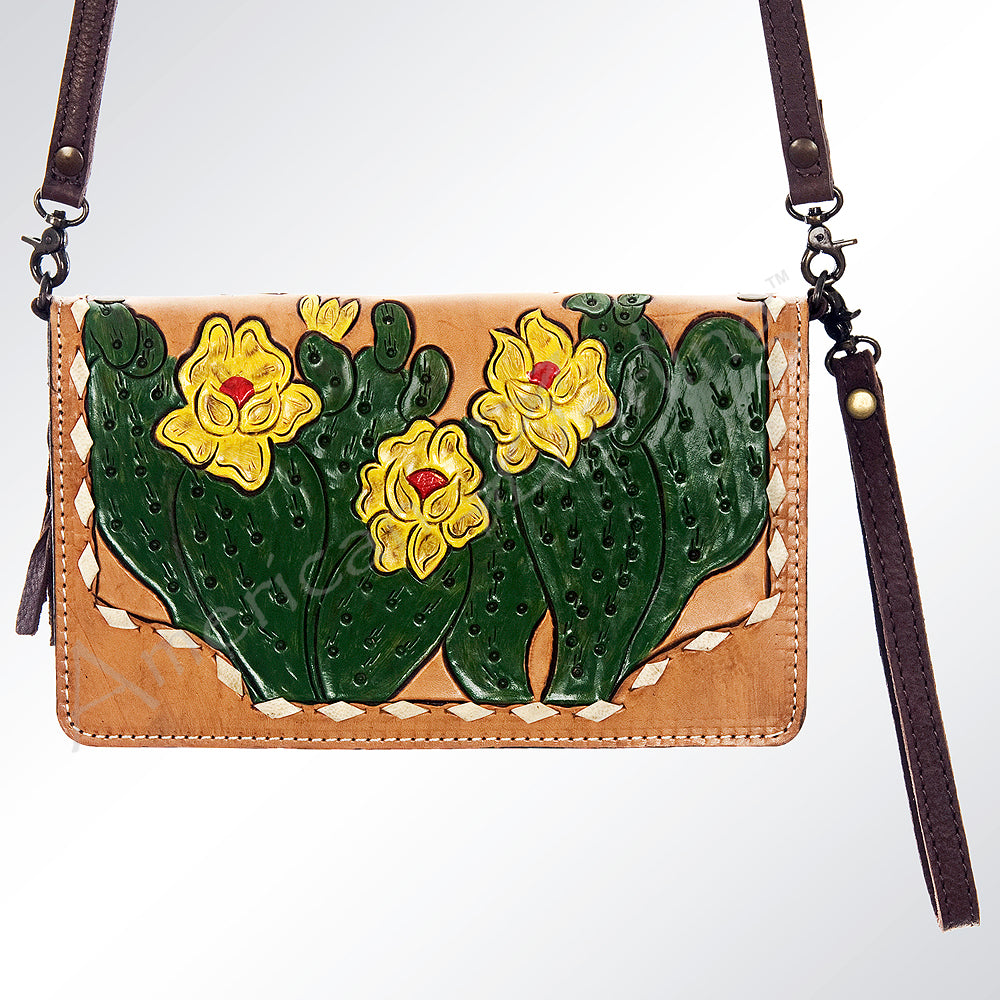 LC-ADBG558 Tooled Leather Cactus Crossbody Wallet Hand-Painted Western Prickly Pear Design