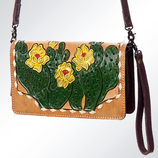 LC-ADBG558 Tooled Leather Cactus Crossbody Wallet Hand-Painted Western Prickly Pear Design