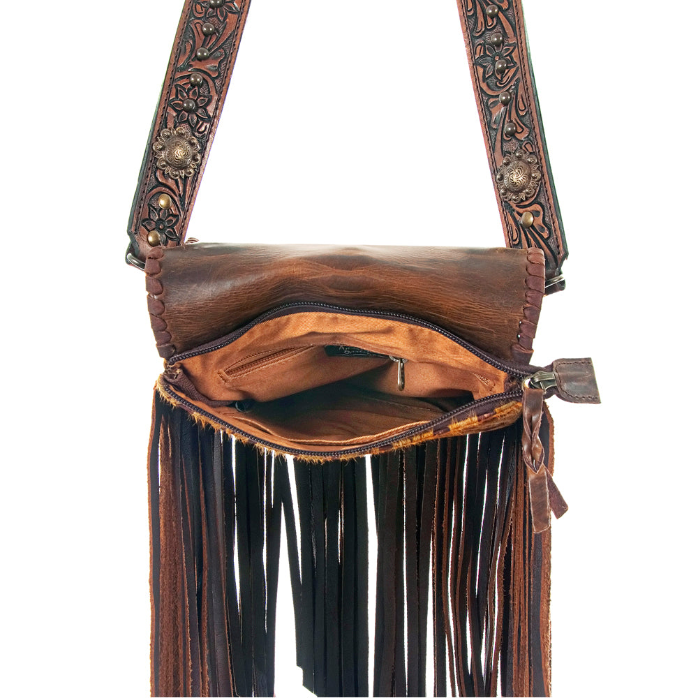 ADBG519 American Darling Hand Tooled Strap & Hair-On Cowhide Western Messenger Bag with Fringes