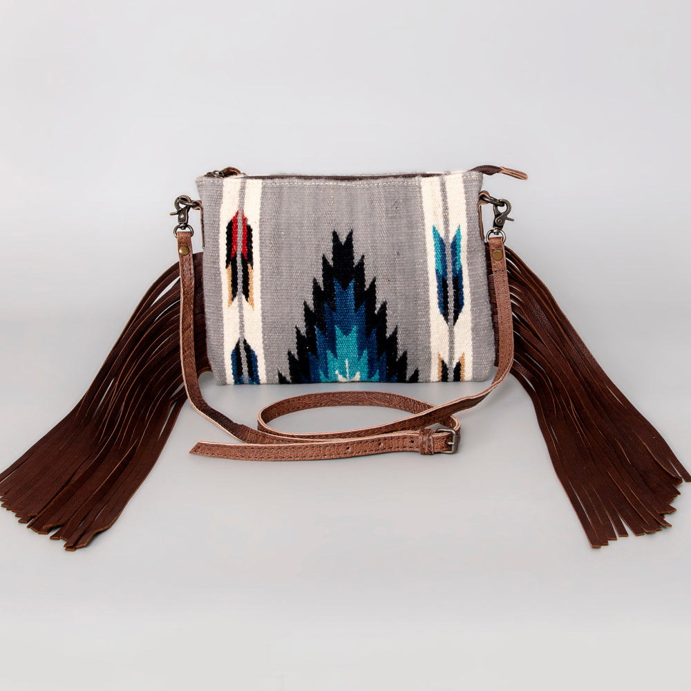 ADBG236 Southwestern Handwoven Crossbody Bag with Leather Fringe and Adjustable Strap