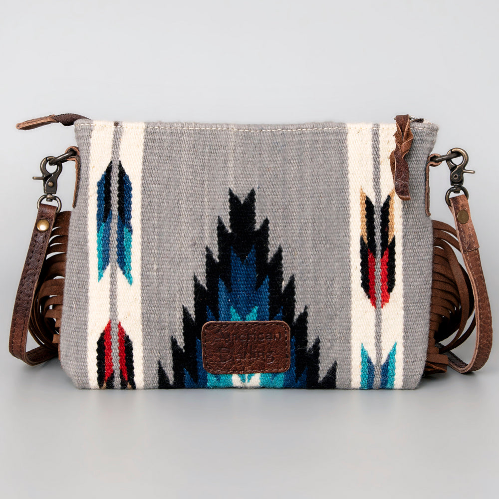 ADBG236 Southwestern Handwoven Crossbody Bag with Leather Fringe and Adjustable Strap
