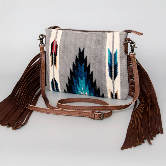 ADBG236 Southwestern Handwoven Crossbody Bag with Leather Fringe and Adjustable Strap
