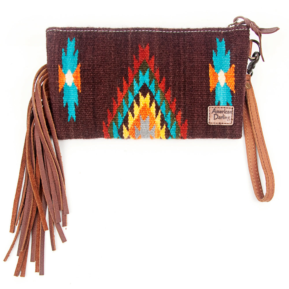 ADBG344 Southwestern Wool Wristlet Clutch with Tooled Leather Trim & Fringe Tassel