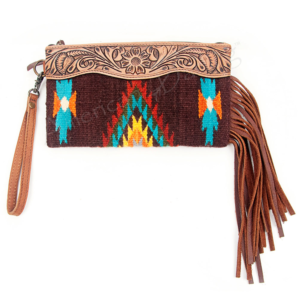 ADBG344 Southwestern Wool Wristlet Clutch with Tooled Leather Trim & Fringe Tassel