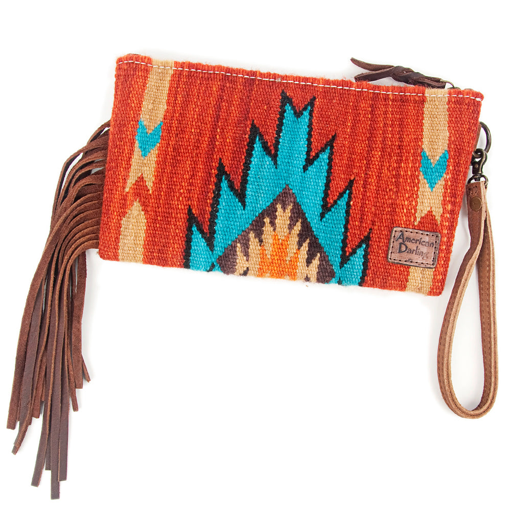 ADBG344 Tooled Leather Wristlet with Southwestern Wool Saddle Blanket & Fringe