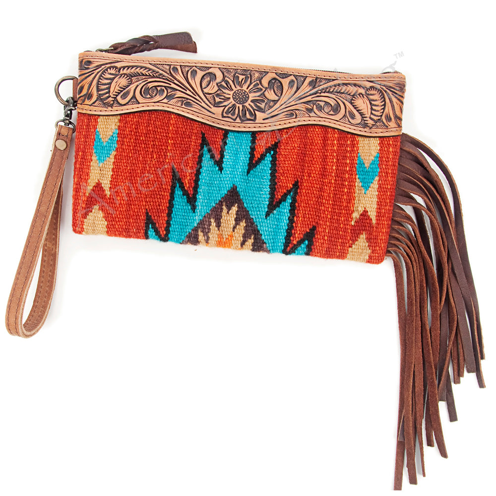 ADBG344 Tooled Leather Wristlet with Southwestern Wool Saddle Blanket & Fringe