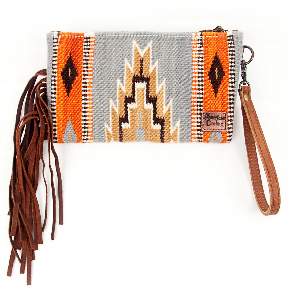 ADBG344 Tooled Leather Wristlet with Southwestern Wool Saddle Blanket & Fringe
