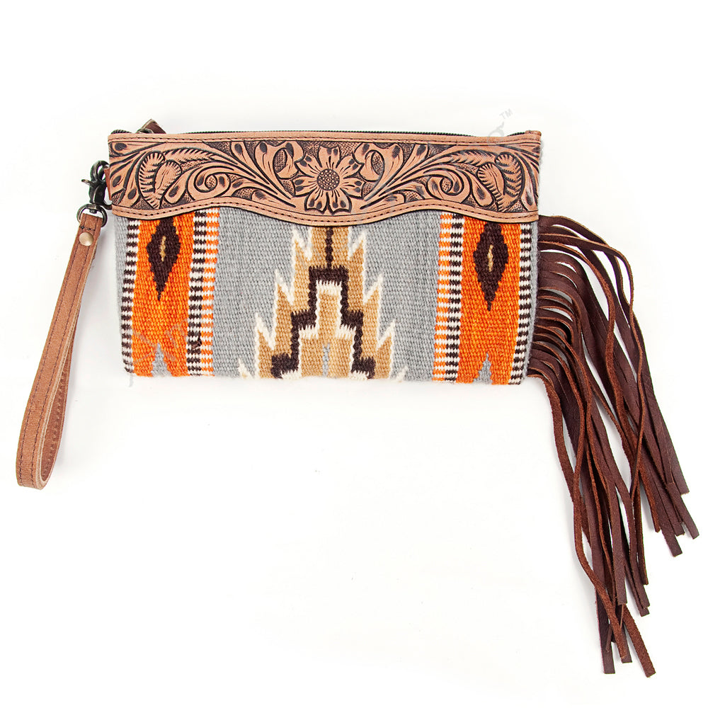 ADBG344 Tooled Leather Wristlet with Southwestern Wool Saddle Blanket & Fringe