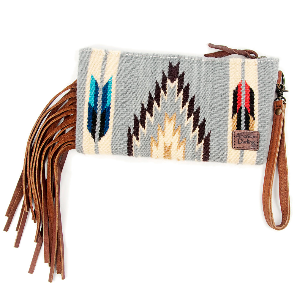 ADBG344 Tooled Leather Wristlet with Southwestern Wool Saddle Blanket & Fringe