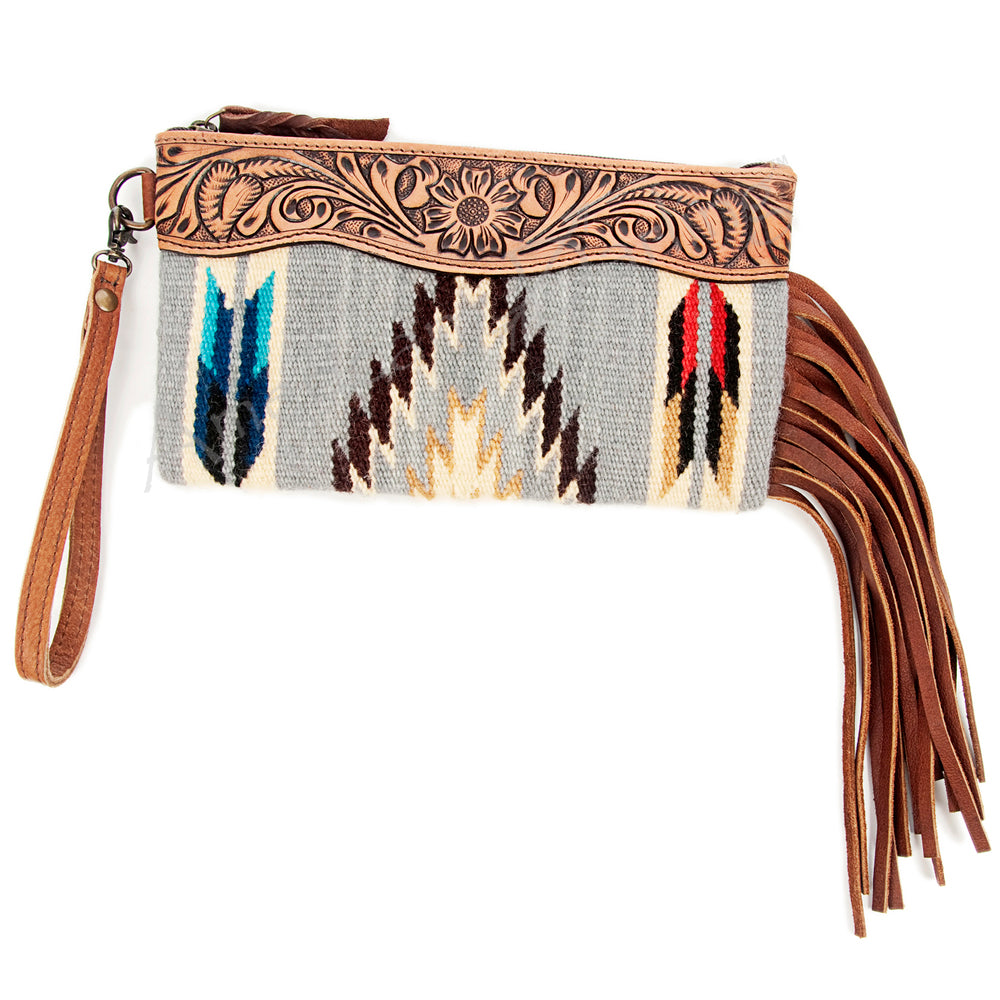 ADBG344 Tooled Leather Wristlet with Southwestern Wool Saddle Blanket & Fringe