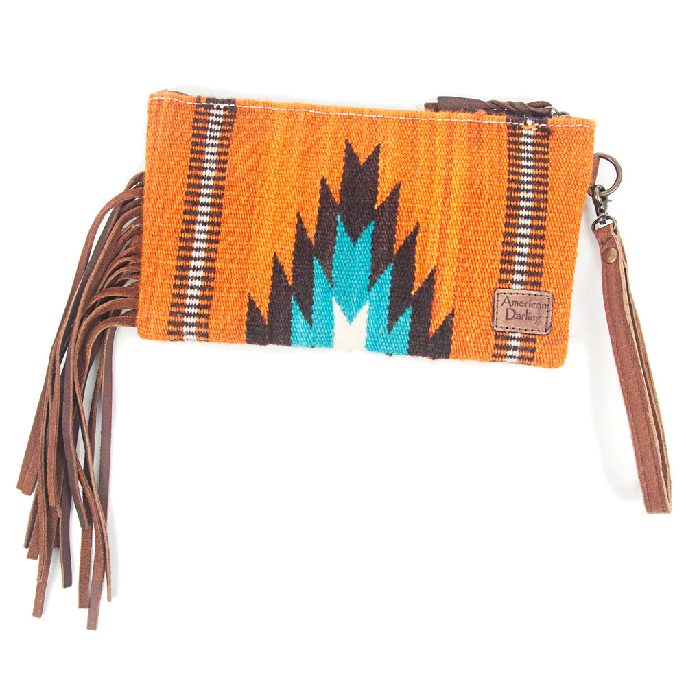 ADBG344 Tooled Leather Wristlet with Southwestern Wool Saddle Blanket & Fringe