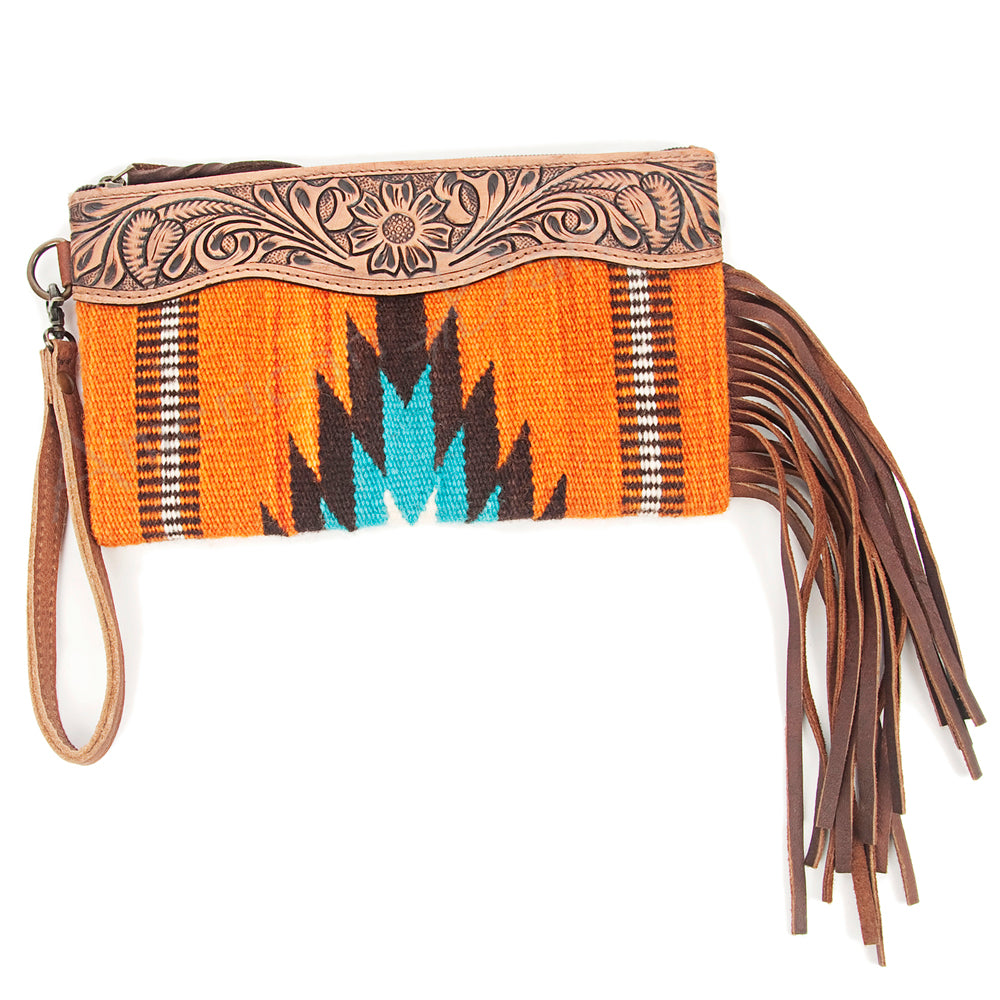 ADBG344 Tooled Leather Wristlet with Southwestern Wool Saddle Blanket & Fringe