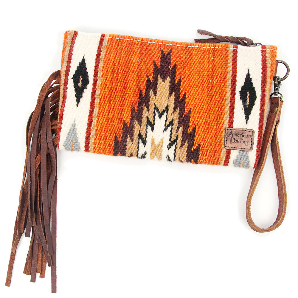 ADBG344 Tooled Leather Wristlet with Southwestern Wool Saddle Blanket & Fringe