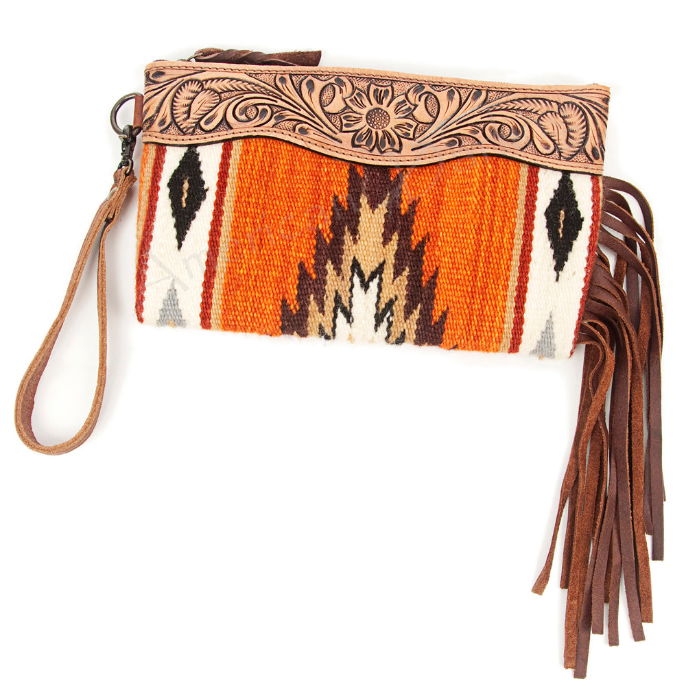 ADBG344 Tooled Leather Wristlet with Southwestern Wool Saddle Blanket & Fringe