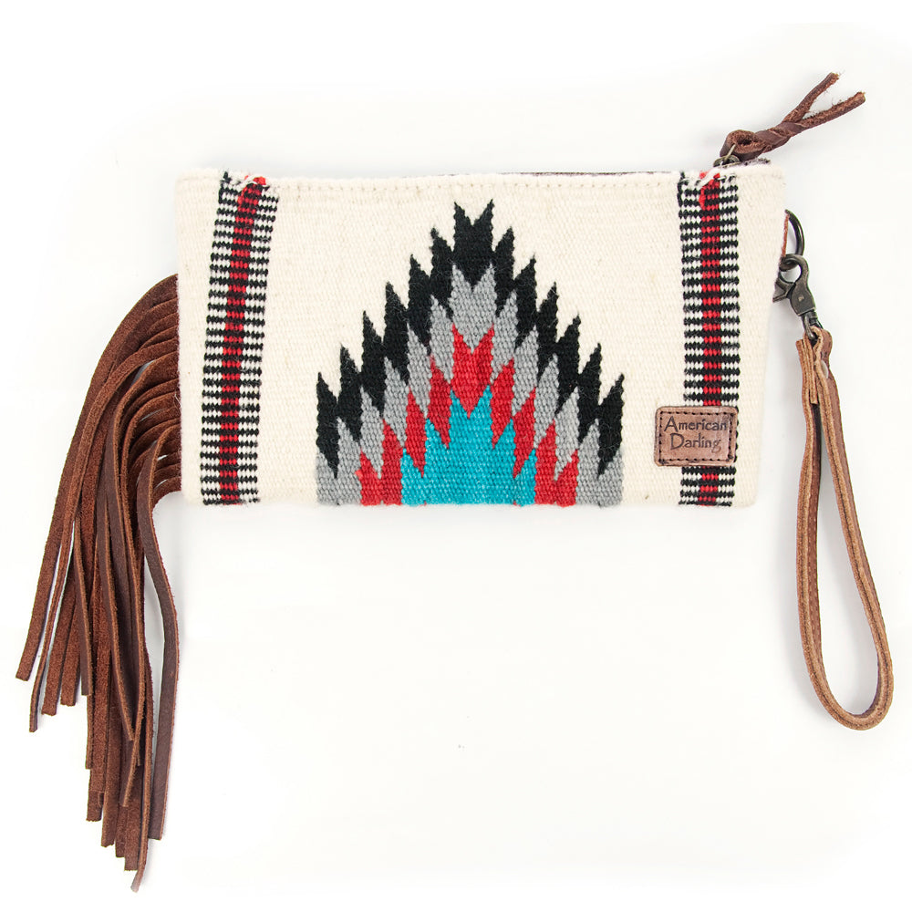 ADBG344 Tooled Leather Wristlet with Southwestern Wool Saddle Blanket & Fringe