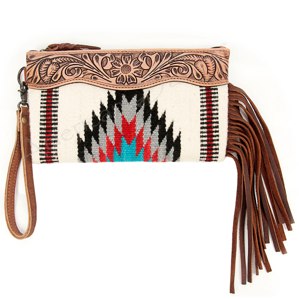 ADBG344 Tooled Leather Wristlet with Southwestern Wool Saddle Blanket & Fringe