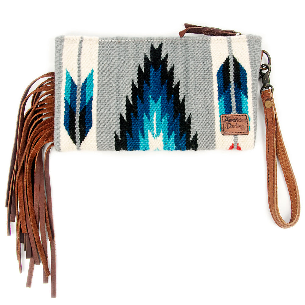 ADBG344 Tooled Leather Wristlet with Southwestern Wool Saddle Blanket & Fringe
